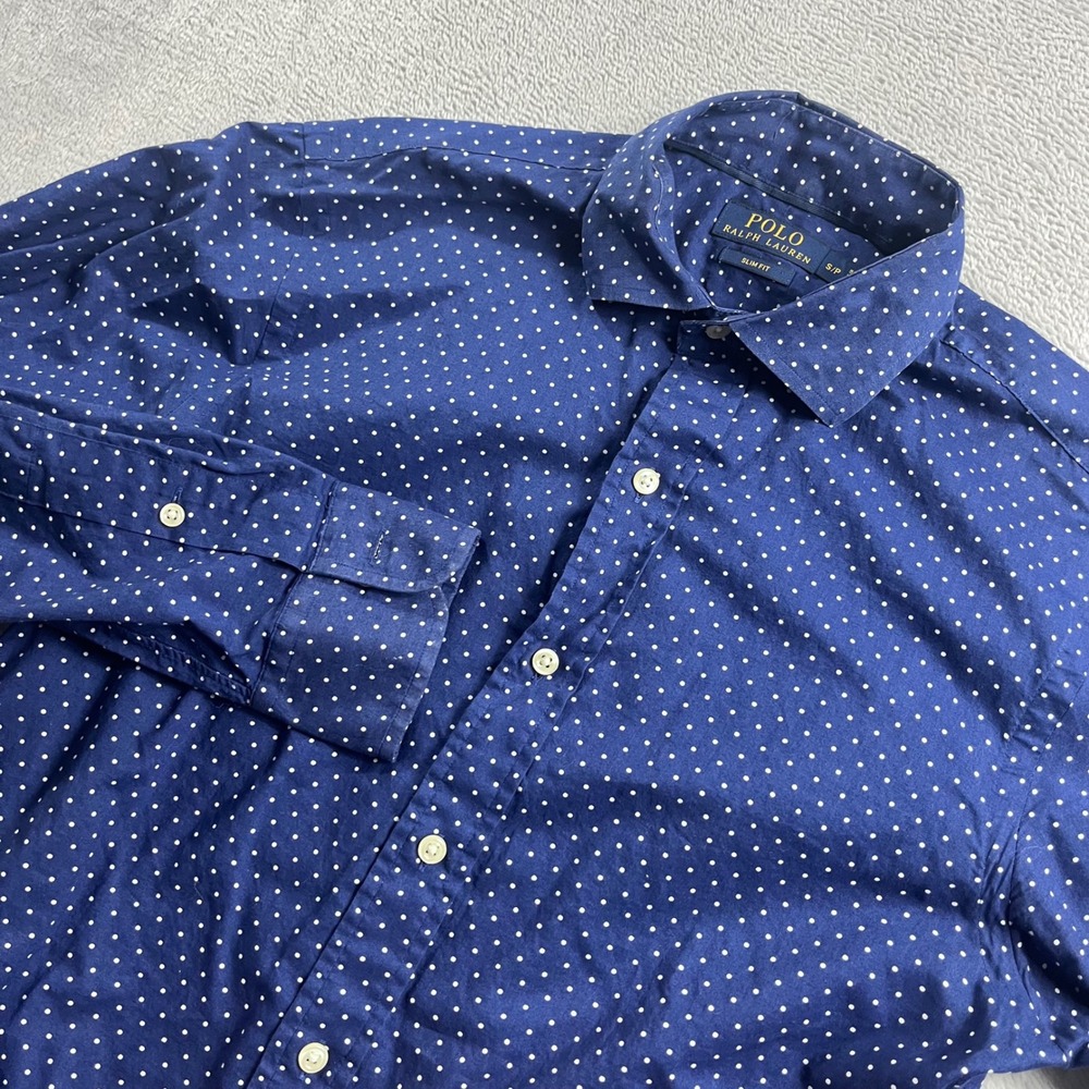 Polo Ralph Lauren Mens Slim Fit Navy Blue White Polka Dot Button Down Shirt S